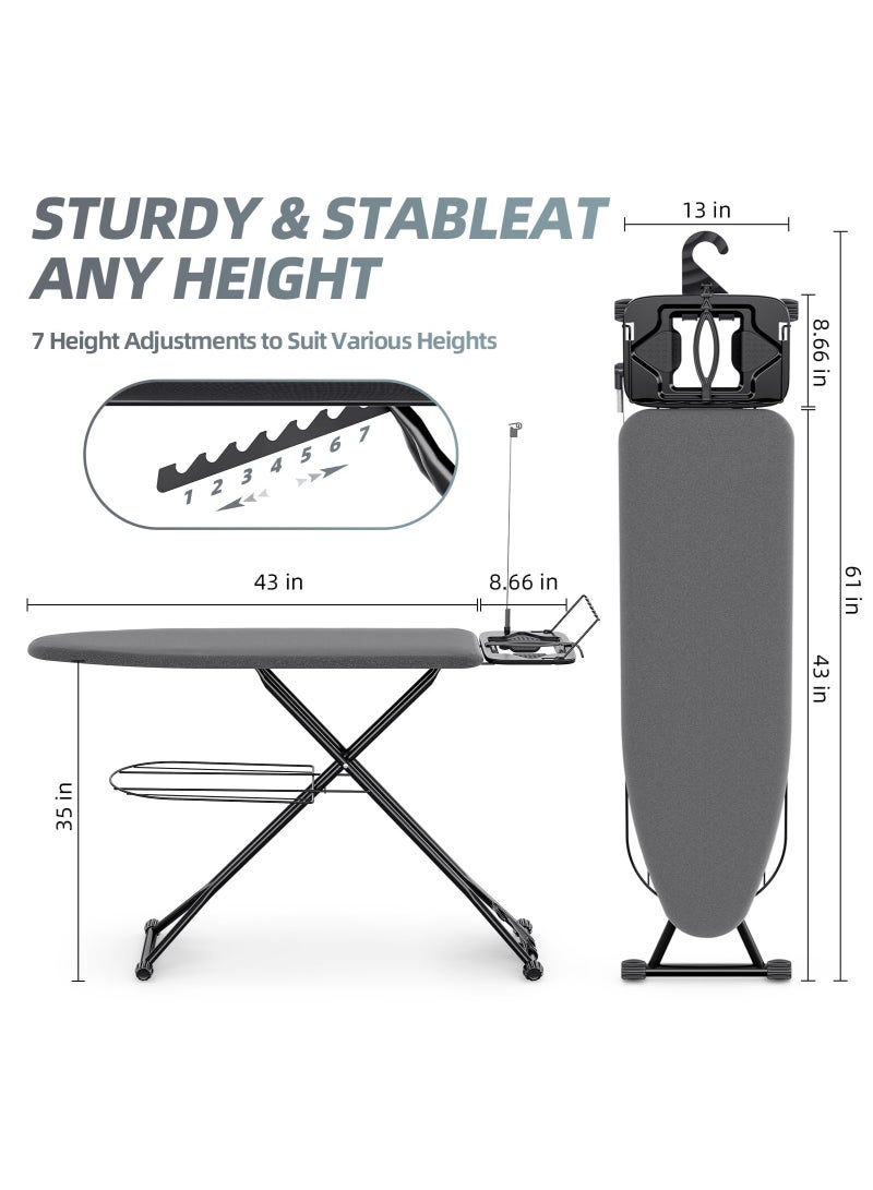Arabest Ironing Board, Compact Iron Board Full Size with Extra Thick Cover, 7 Adjustable Heights Stand with Hanger and Iron Rest, Large Heavy Duty Ironing Board with Storage Tray, 13x43 Black - Image 2