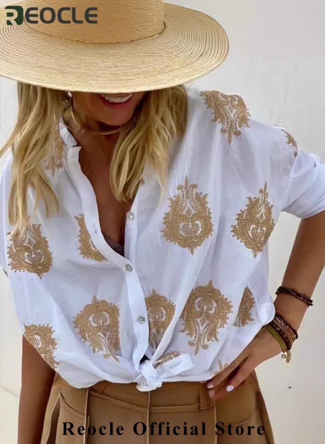 REOCLE Women's Button Down Shirts Lapel Neck Blouses Long Sleeved Business Work Tops Vintage Graphic Shirts Casual Oversized Shirts for Commuting & Business & Daily Wear - Image 2