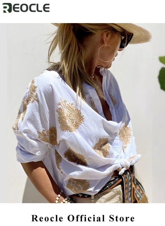 REOCLE Women's Button Down Shirts Lapel Neck Blouses Long Sleeved Business Work Tops Vintage Graphic Shirts Casual Oversized Shirts for Commuting & Business & Daily Wear - Image 3