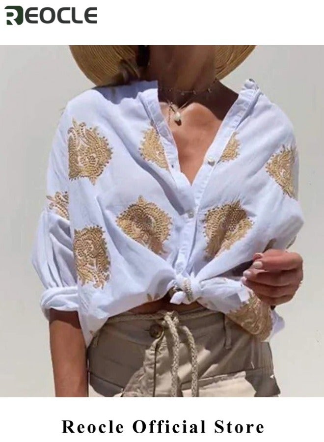 REOCLE Women's Button Down Shirts Lapel Neck Blouses Long Sleeved Business Work Tops Vintage Graphic Shirts Casual Oversized Shirts for Commuting & Business & Daily Wear - Image 4