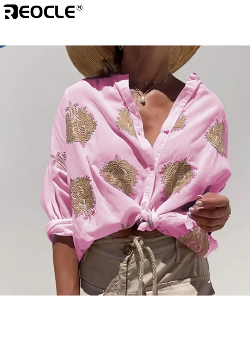 REOCLE Women's Button Down Shirts Lapel Neck Blouses Long Sleeved Business Work Tops Vintage Graphic Shirts Casual Oversized Shirts for Commuting & Business & Daily Wear - Image 1