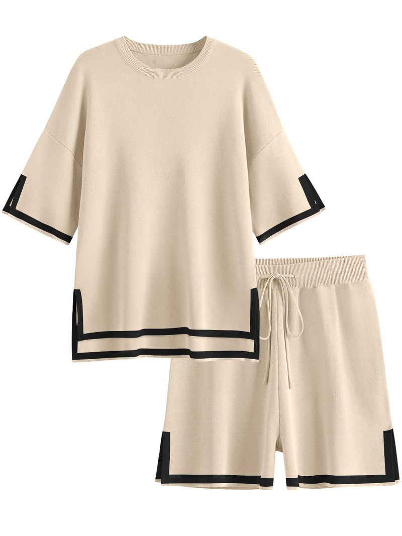 LILLUSORY 2 Piece Sets for Women Summer 2025 Two Piece Matching Lounge Sets Short Casual Outfits Cute Vacation Clothes Apricot XL - Image 1