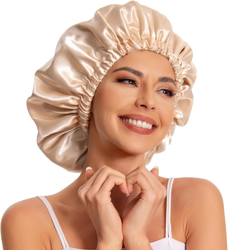 Edoneery Satin Bonnet for Sleeping - Slouchy Beanie Hat Sleep Cap for Women's Natural & Curly Hair (Champagne) - Image 1