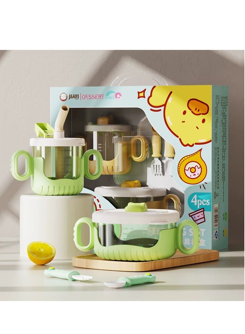 Silicone Baby Feeding Set, 4 Pieces, Including A Bowl With Lid, A Glass With A Straw, A Spoon And A Fork. - Image 1