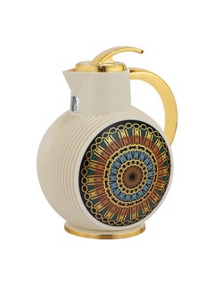 Alsaif Gallery Al-Jawhara thermos, beige pattern, circular ring, golden handle, 0.9 liters 