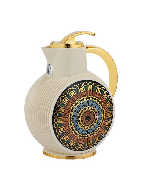 Al-Jawhara thermos, beige pattern, circular ring, golden handle, 0.9 liters