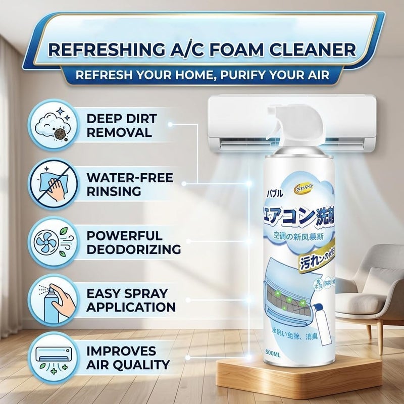 Air Conditioner Cleaning Spray Foam 500ml Deep Clean Dust Removal Odors for Home and Car Air Conditioners - Efficient Air Conditioner Cleaner Easy to Use 1 Piece - Image 2