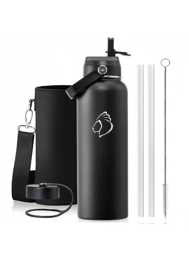 DIYANOO Stainless Steel Water Bottle 40 oz (Cold for 48 Hrs, Hot for 24 Hrs), 1200ml Insulated Water Tumbler Thermo with Straw Lid and Flex Cap (Wide Mouth, Leak Proof, BPA Free), Black - Image 1