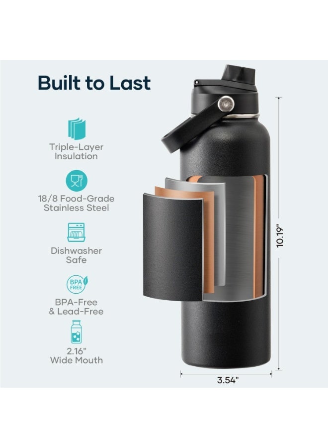 DIYANOO Stainless Steel Water Bottle 40 oz (Cold for 48 Hrs, Hot for 24 Hrs), 1200ml Insulated Water Tumbler Thermo with Straw Lid and Flex Cap (Wide Mouth, Leak Proof, BPA Free), Black - Image 2