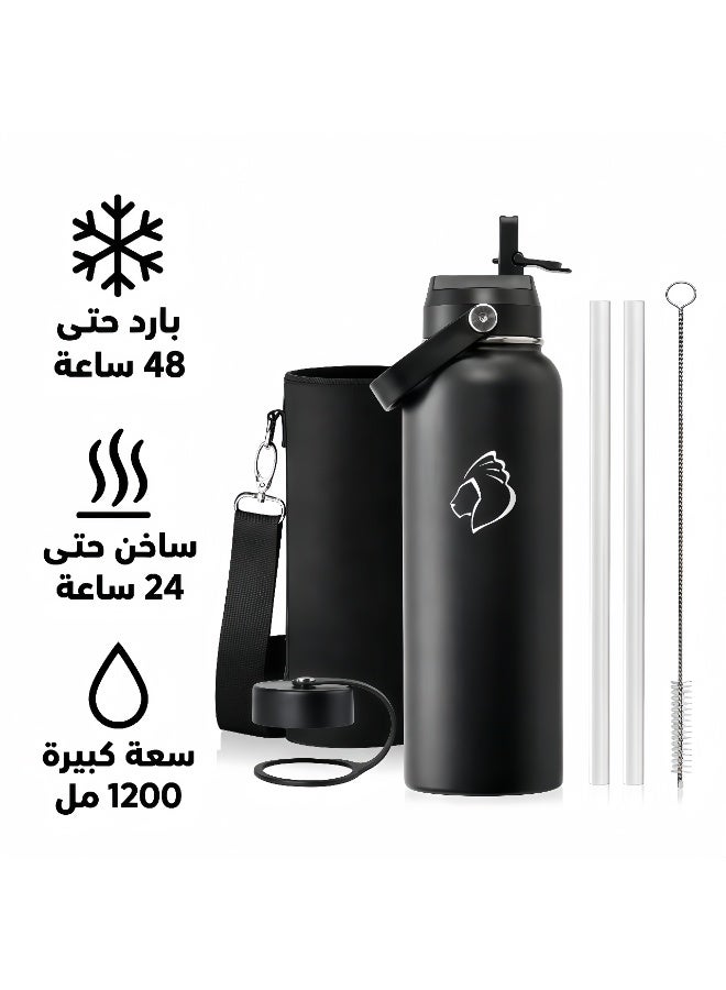 ديانو زجاجة مياه ستانلس ستيل ٤٠ أونصة (تحافظ على البرودة ٤٨ ساعة / السخونة ٢٤ ساعة)، ١٢٠٠ مل - ترموس عازل بغطاء ماص وغطاء مرن (فوهة عريضة، مقاوم للتسرب، خالي من BPA)، اللون أسود - Image 1