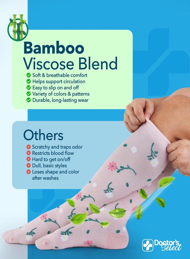 Doctor's Select Bamboo Viscose Light Compression Socks for Women & Men - 3 Pairs, Knee High Comfort and Support, 8-15 mmHg Bamboo Compression Socks Women, Flowers (White, Light Blue, Peach)/Pnk/3 - Image 3