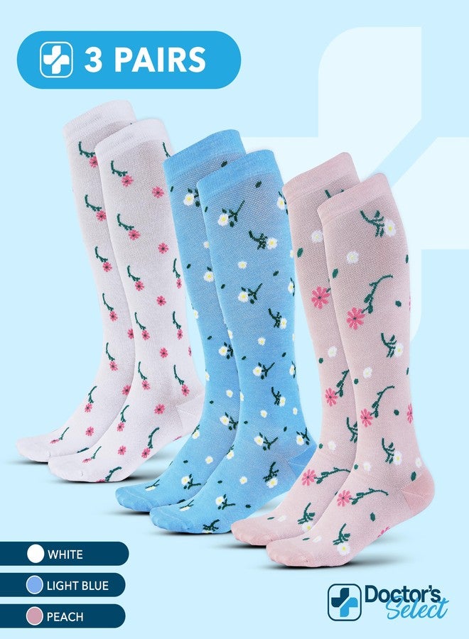 Doctor's Select Bamboo Viscose Light Compression Socks for Women & Men - 3 Pairs, Knee High Comfort and Support, 8-15 mmHg Bamboo Compression Socks Women, Flowers (White, Light Blue, Peach)/Pnk/3 - Image 4