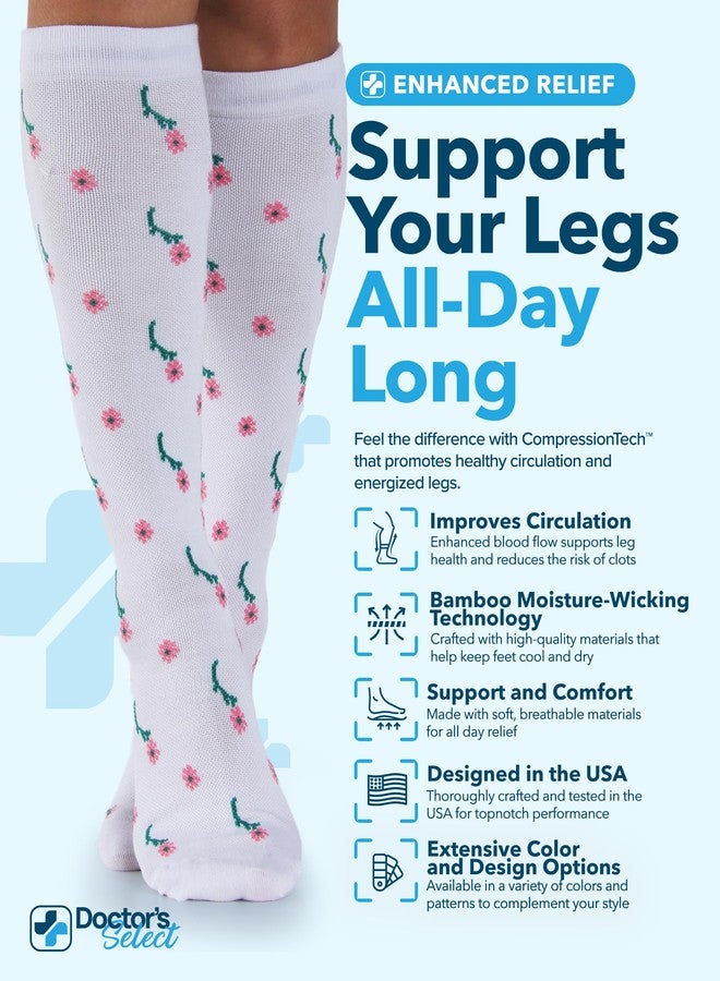Doctor's Select Bamboo Viscose Light Compression Socks for Women & Men - 3 Pairs, Knee High Comfort and Support, 8-15 mmHg Bamboo Compression Socks Women, Flowers (White, Light Blue, Peach)/Pnk/3 - Image 2