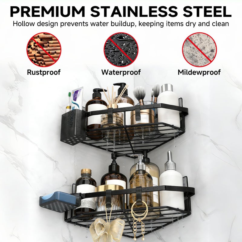 Giomre Corner Shower Caddy, 5-Pack Adhesive Shower Corner Organizer Shelves, No Drilling Stainless Steel Shower Storage Rack with Soap&Toothpaste Holder for Bathroom, Dorm and Kitchen (black) - Image 2