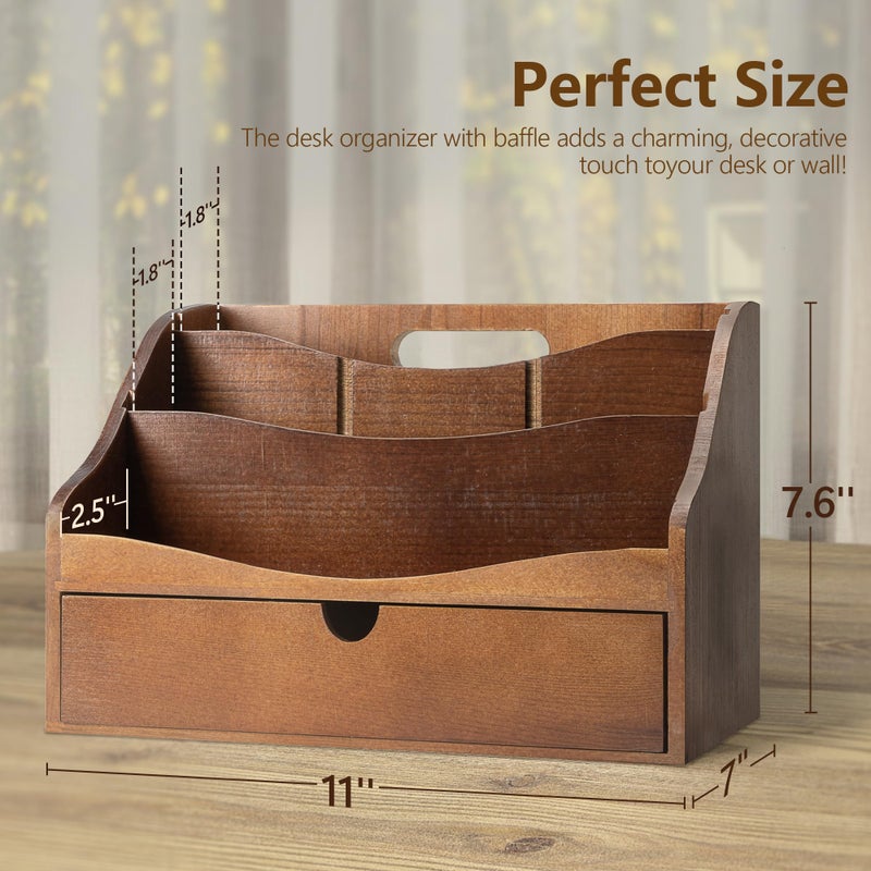 Rebee Vision Pine Wood Mail Organizer for Desk - Retro Farmhouse Mail Holder with Drawer & Dividers - 4-Slot letter paper & Jewelry Sorter, Countertop Mail Organizer for Office Decor(Brown) - Image 2