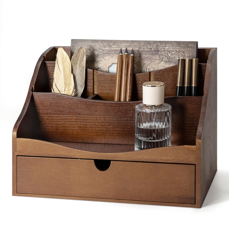 Rebee Vision Pine Wood Mail Organizer for Desk - Retro Farmhouse Mail Holder with Drawer & Dividers - 4-Slot letter paper & Jewelry Sorter, Countertop Mail Organizer for Office Decor(Brown) - Image 1