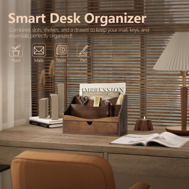 Rebee Vision Pine Wood Mail Organizer for Desk - Retro Farmhouse Mail Holder with Drawer & Dividers - 4-Slot letter paper & Jewelry Sorter, Countertop Mail Organizer for Office Decor(Brown) - Image 3