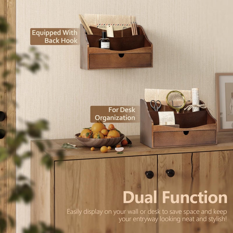 Rebee Vision Pine Wood Mail Organizer for Desk - Retro Farmhouse Mail Holder with Drawer & Dividers - 4-Slot letter paper & Jewelry Sorter, Countertop Mail Organizer for Office Decor(Brown) - Image 4
