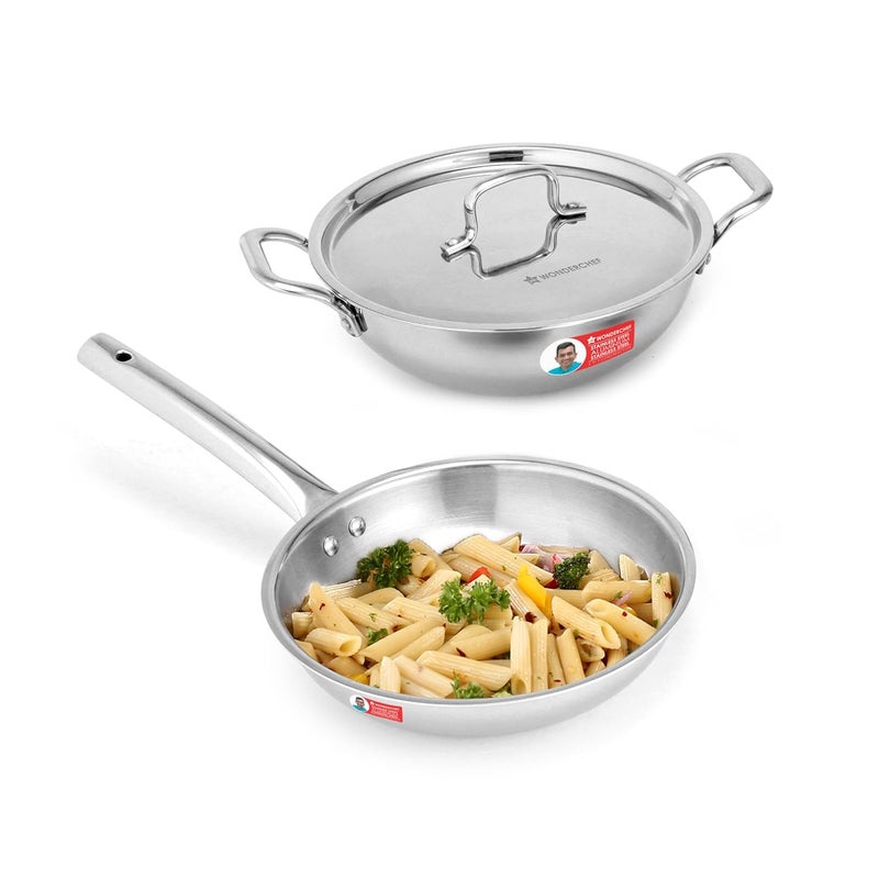 Wonderchef Wonderchef Venice Triply Stainless Steel 3 Pc. Cookware Set | Fry Pan 20cm, Kadhai with Lid 24cm | Non-Toxic | Safe to Use | Uniform Heating | Heavy-Duty Handle | Easy Cleaning | 10-Year Warranty - Image 1