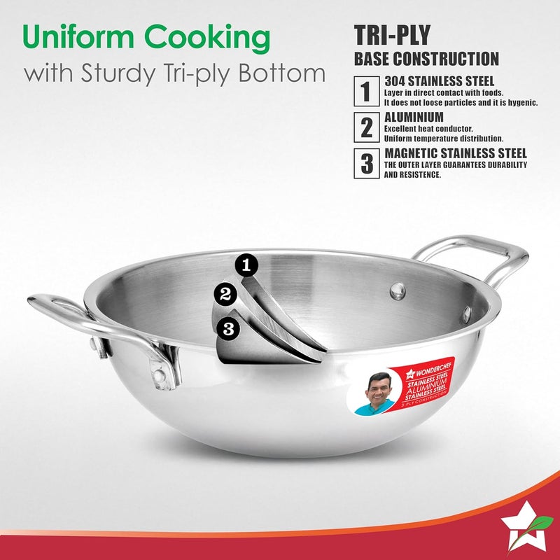 Wonderchef Wonderchef Venice Triply Stainless Steel 3 Pc. Cookware Set | Fry Pan 20cm, Kadhai with Lid 24cm | Non-Toxic | Safe to Use | Uniform Heating | Heavy-Duty Handle | Easy Cleaning | 10-Year Warranty - Image 2