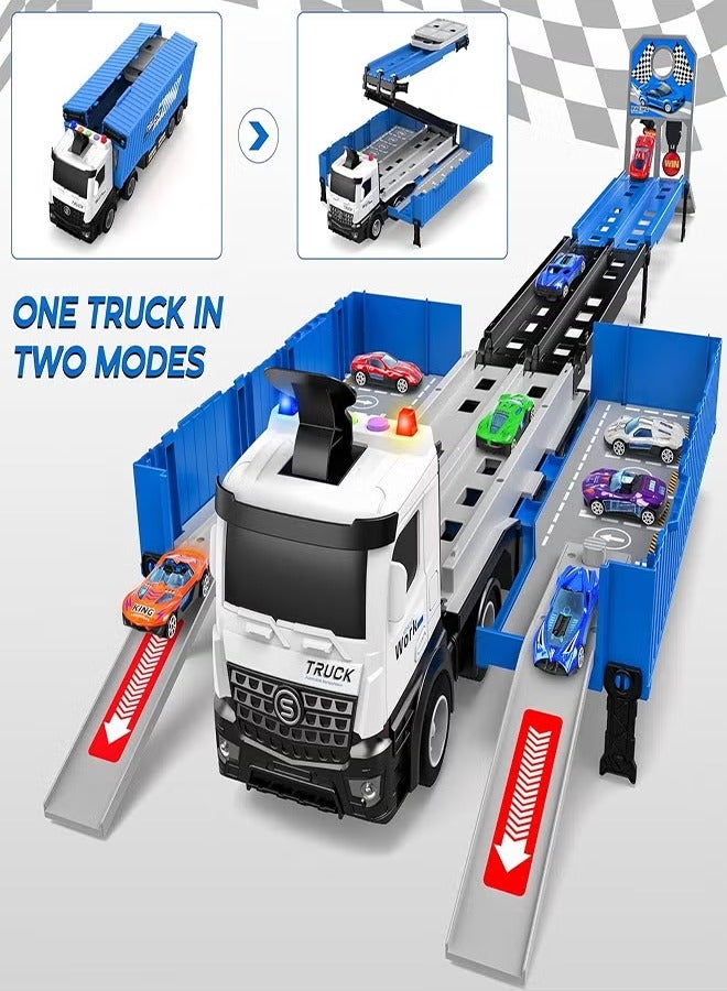 Race Car Track Toy Truck Toy with Slots & Foldable Race Tracks Transport Car Carrier Toy for Toddlers Cars Toy Set Container Truck Toy with 8 Alloy Cars Vehicles Toy Set for 3+ Kids Boys Girls - Image 2