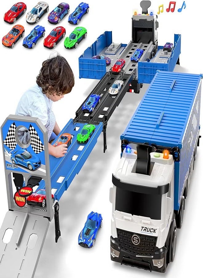 Race Car Track Toy Truck Toy with Slots & Foldable Race Tracks Transport Car Carrier Toy for Toddlers Cars Toy Set Container Truck Toy with 8 Alloy Cars Vehicles Toy Set for 3+ Kids Boys Girls - Image 1