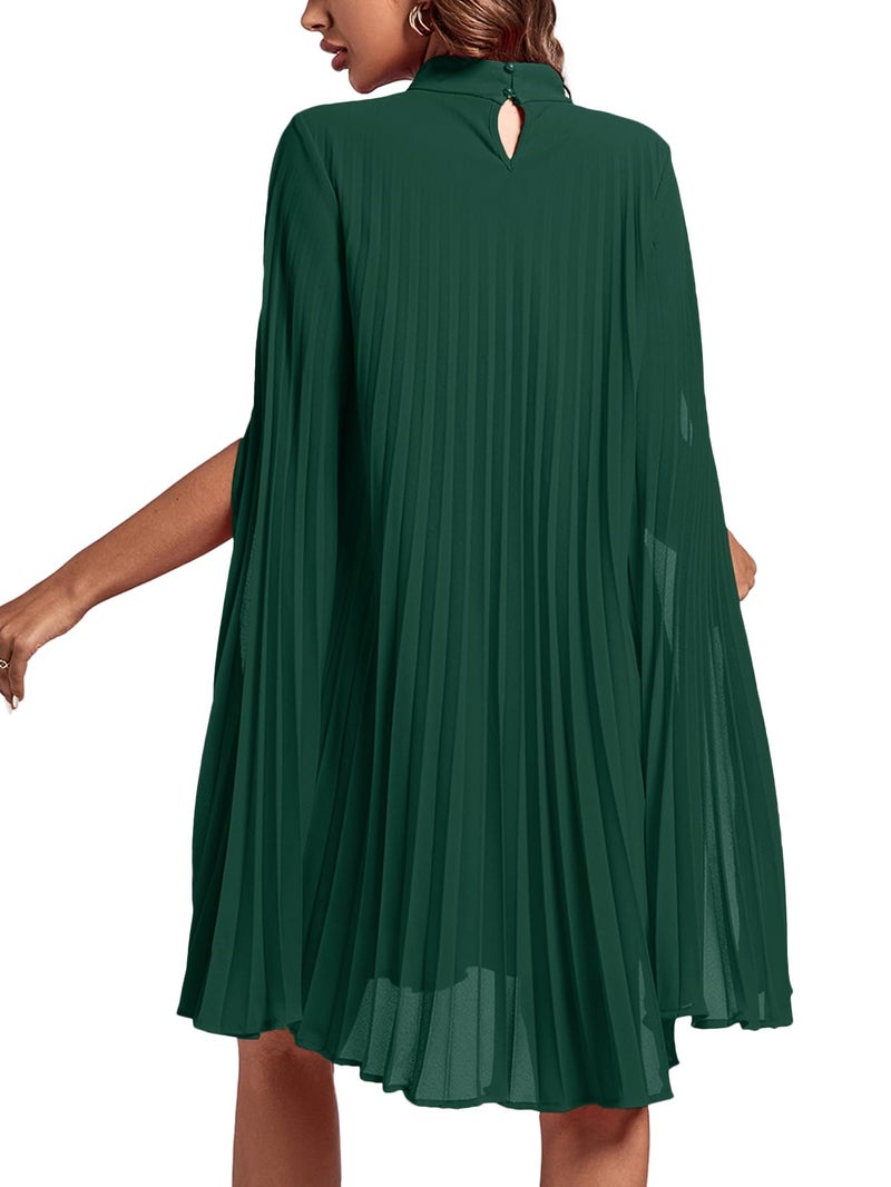 Rooscier Women's Pleated Mock Neck Cloak Sleeve Keyhole Back Flowy Party Midi Dress Plain Green Medium - Image 2