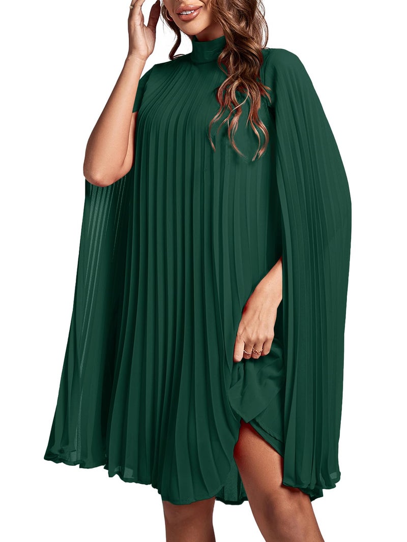 Rooscier Women's Pleated Mock Neck Cloak Sleeve Keyhole Back Flowy Party Midi Dress Plain Green Medium - Image 4