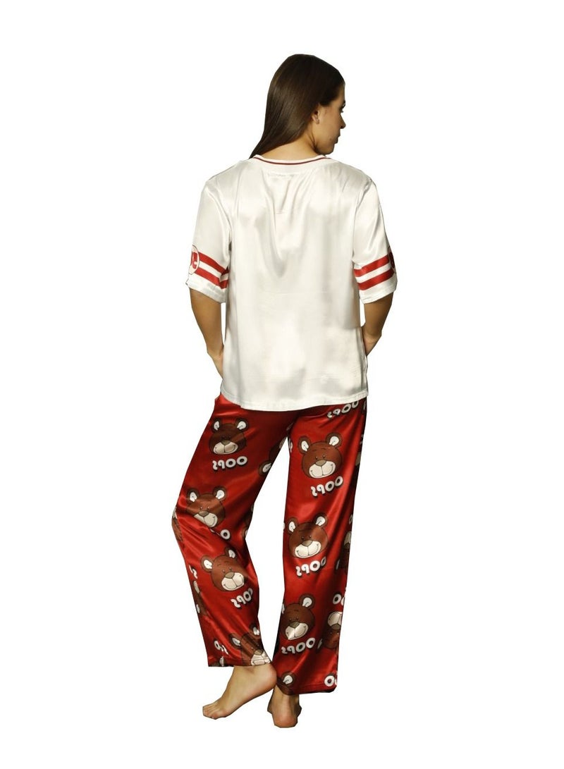 Boyraz Turkish Satin Top and Pants Set Women's Premium Sleepwear Pyjama Set Printed Red/White  - Image 2