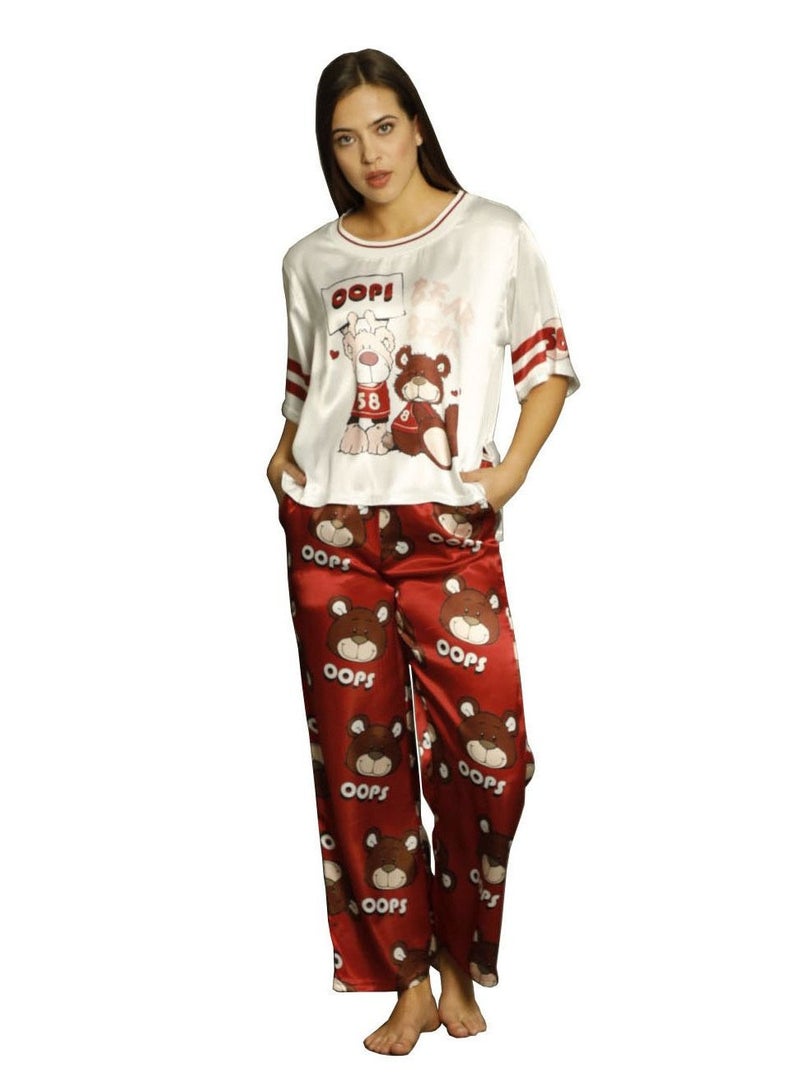 Boyraz Turkish Satin Top and Pants Set Women's Premium Sleepwear Pyjama Set Printed Red/White  - Image 1
