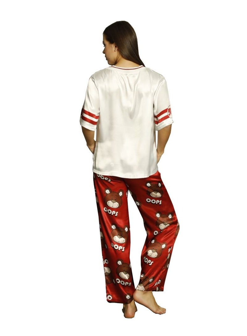 Boyraz Turkish Satin Top and Pants Set Women's Premium Sleepwear Pyjama Set Printed Red/White  - Image 3