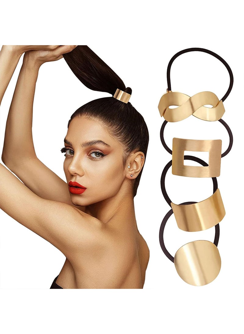 BASEMMAHER 4Pcs Metal Ponytail Hair Gold Cuff Elastic Hair Bands Hair Ties Accessories Pony Tail Gothic Punk Elastic Hair Rope Ponytail Holder Cuffs for Women Girls 