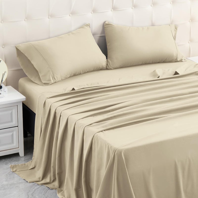 MICORAL Full Bed Sheets Set  Soft Breathable Bedding Sheet Set  Sheets Set with 16"" Deep Pocket Design (4 Pieces  Full  Beige) - Image 1