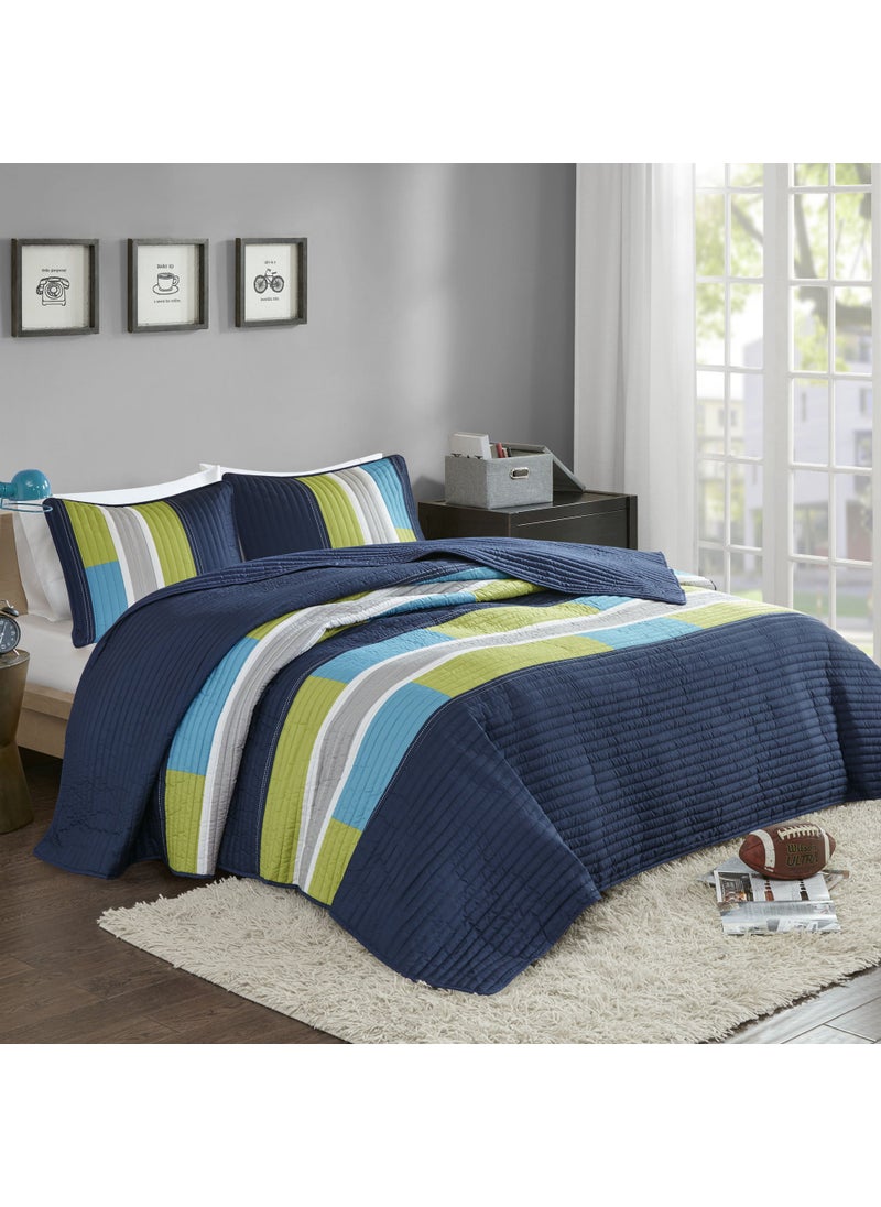 Comfort Spaces Comfort Spaces Quilt Set Trendy Casual Fun Vibrant Color Design Hypoallergenic All Season Lightweight Coverlet Bedspread Cozy Kids Bedding  Sham FullQueen Pierre NavyBlue 3 Piece 