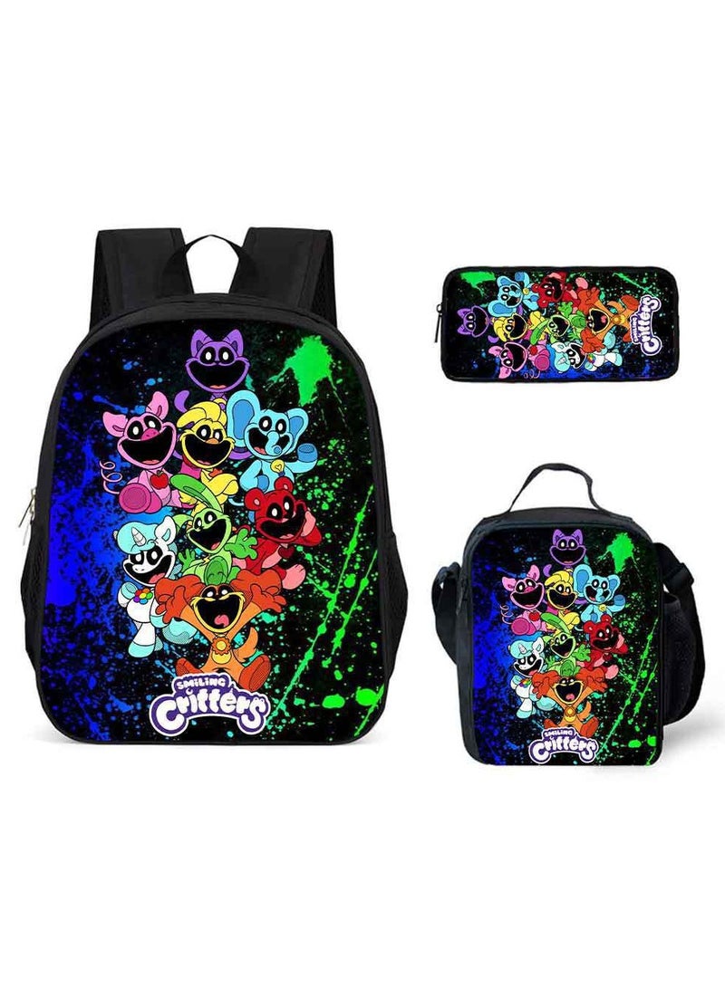 سمايلنج حقيبة مدرسية مكونة من ثلاث قطع برسومات كرتونية لحيوانات صغيرة مبتسمة 29*42*16 سم