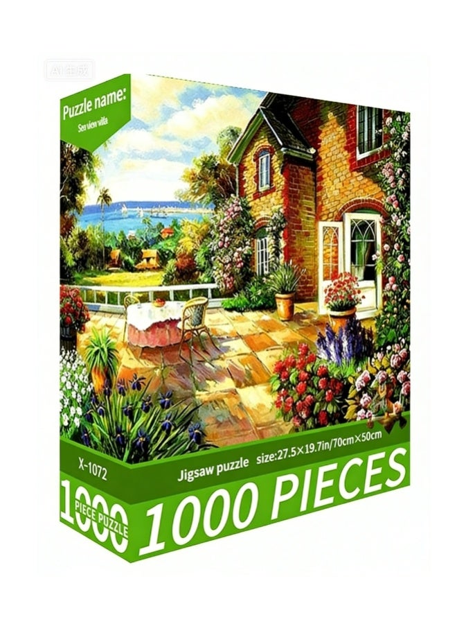 1000pcs الكبار الكرتون لغز ، الكرتون الرسم التحدي لغز ، مناسبة للأنشطة العائلية ، الليالي اللعبة ، الهدايا لتخفيف الإجهاد ، فيلا منظر البحر - Image 1