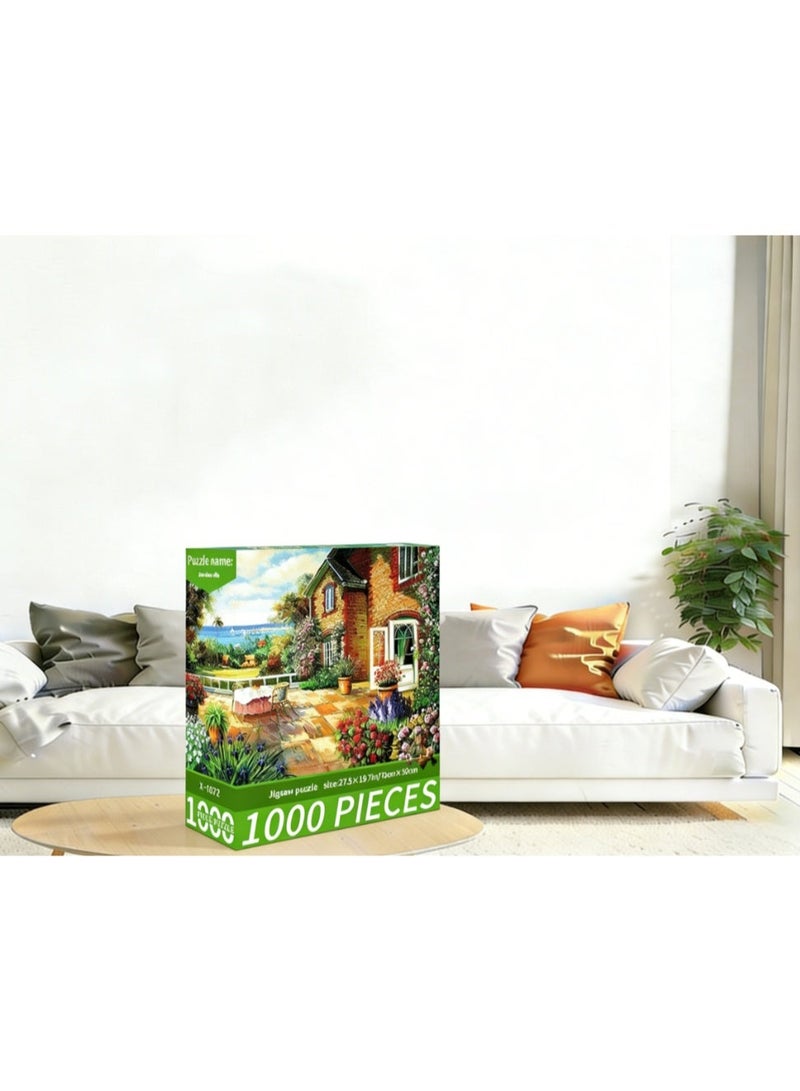 1000pcs الكبار الكرتون لغز ، الكرتون الرسم التحدي لغز ، مناسبة للأنشطة العائلية ، الليالي اللعبة ، الهدايا لتخفيف الإجهاد ، فيلا منظر البحر - Image 2
