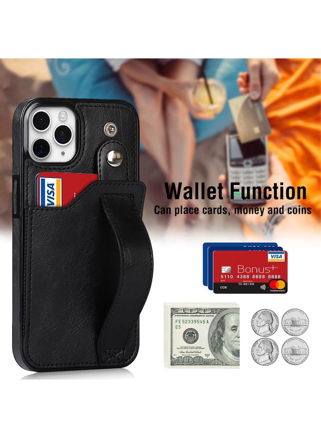 زبون جراب لهاتف iPhone 11 Pro Max مصنوع من مادة TPU المقاومة للصدمات وجلد البولي يوريثان مع فتحة للبطاقات وحامل حزام المعصم - Image 3