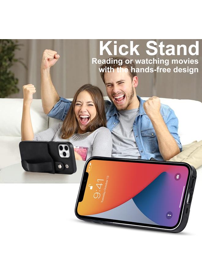 زبون جراب لهاتف iPhone 11 Pro Max مصنوع من مادة TPU المقاومة للصدمات وجلد البولي يوريثان مع فتحة للبطاقات وحامل حزام المعصم - Image 4