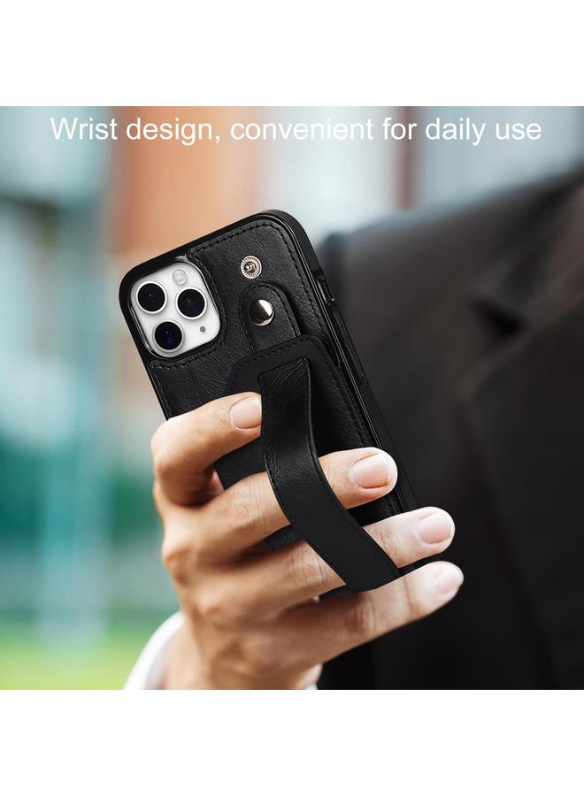 زبون جراب لهاتف iPhone 11 Pro Max مصنوع من مادة TPU المقاومة للصدمات وجلد البولي يوريثان مع فتحة للبطاقات وحامل حزام المعصم - Image 2