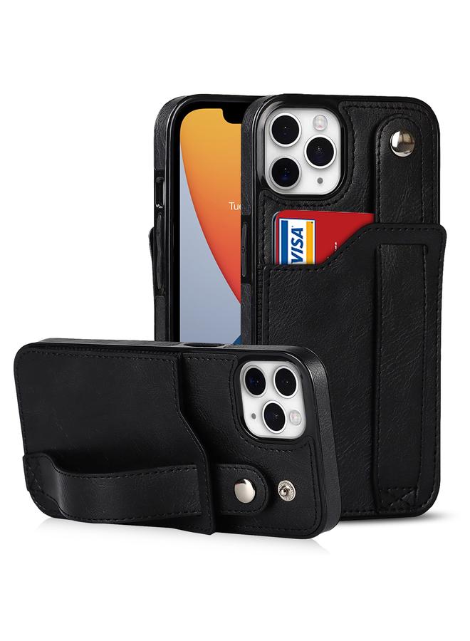 زبون جراب لهاتف iPhone 11 Pro Max مصنوع من مادة TPU المقاومة للصدمات وجلد البولي يوريثان مع فتحة للبطاقات وحامل حزام المعصم - Image 1