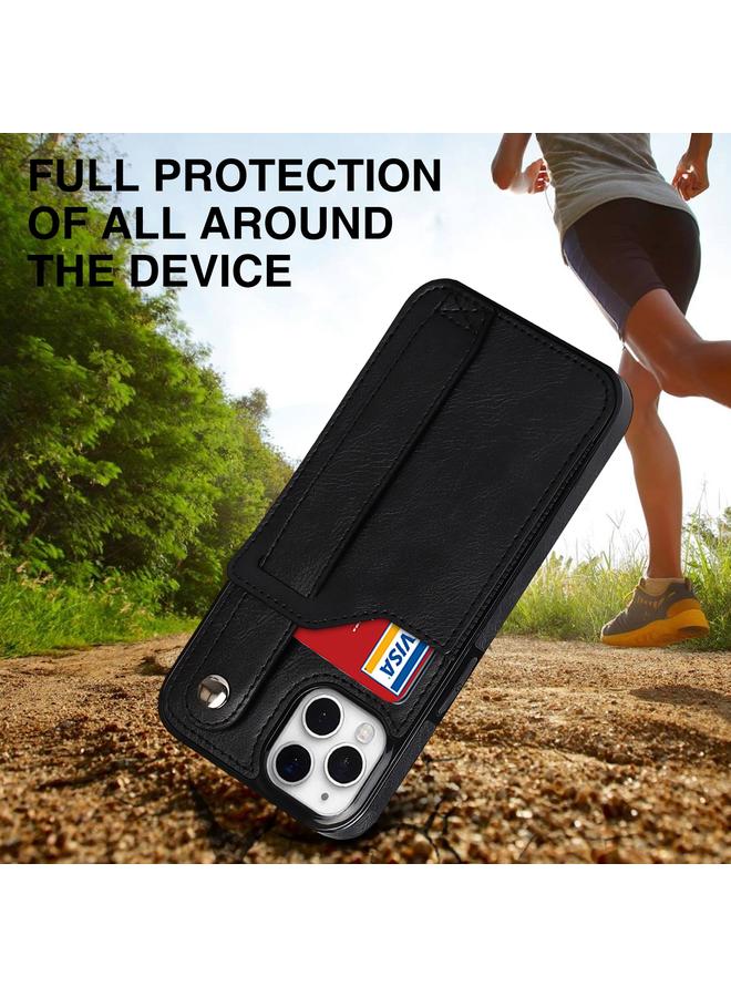 زبون جراب لهاتف iPhone 11 Pro Max مصنوع من مادة TPU المقاومة للصدمات وجلد البولي يوريثان مع فتحة للبطاقات وحامل حزام المعصم - Image 5