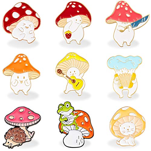 Chuangdi 9 Pieces Mushroom Pin Brooches Mushroom Brooches Cute Cartoon Gift Alloy Brooch Guitar Cat Frog Hedgehog Cartoon Plant Pin Welcome Christmas Gift for Backpack Clothes Hat - Image 1