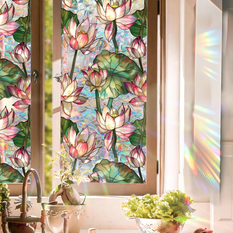 Aomkmi Stained Glass Window Film UV Resistant Window Privacy Film Lotus Floral Privacy Rainbow Decals Living Room Bedroom Sun Blocking Decor Removable Static Cling Stickers 17 x 39.37 Inch - Image 1