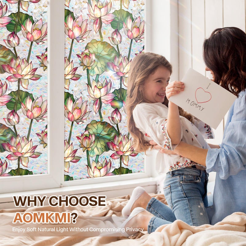 Aomkmi Stained Glass Window Film UV Resistant Window Privacy Film Lotus Floral Privacy Rainbow Decals Living Room Bedroom Sun Blocking Decor Removable Static Cling Stickers 17 x 39.37 Inch - Image 2