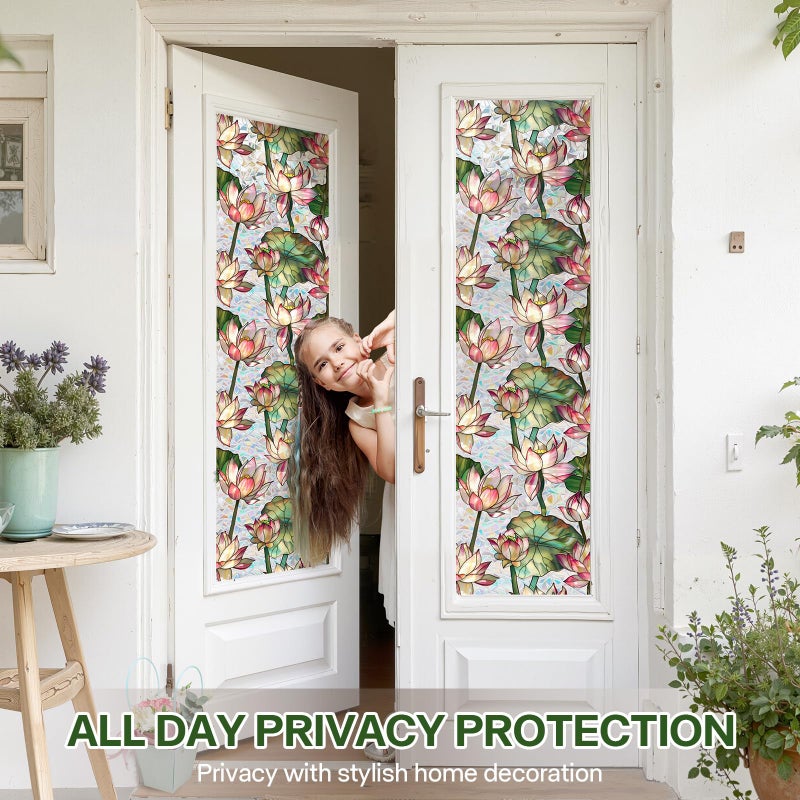 Aomkmi Stained Glass Window Film UV Resistant Window Privacy Film Lotus Floral Privacy Rainbow Decals Living Room Bedroom Sun Blocking Decor Removable Static Cling Stickers 17 x 39.37 Inch - Image 3