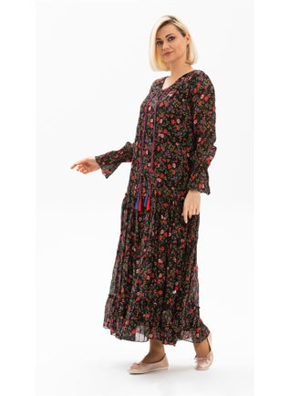 Eliş Şile Bezi Uzun Kol Vual Gonca Uzun Yazlık Elbise Tomurcuk Desen Siyah 6162  - Image 1