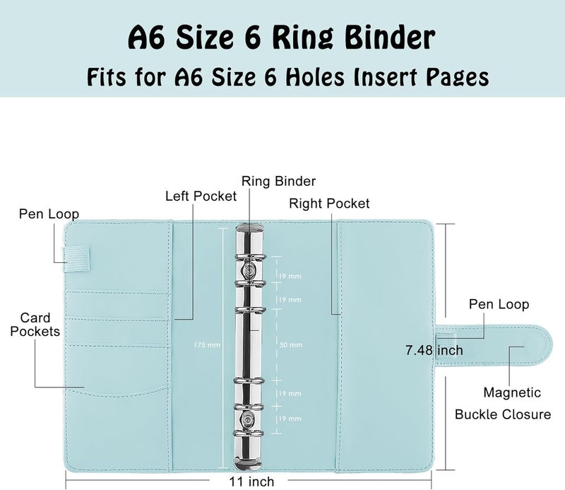 Antner A6 PU Leather Notebook Binder - Refillable 6 Ring Budget for A6 Filler Paper, Loose Leaf Personal Planner Cover With Magnetic Buckle, Mint Blue Daily wear upgraded resistant material - Image 2