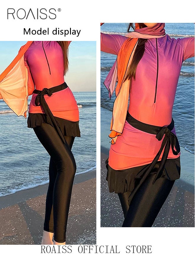 3 Piece Women Swimsuit Beach Sun Protection Clothing Conservative Style Long Sleeve Sun Protection Body Modification Printing Elements Gradient Color Various Matching Methods
