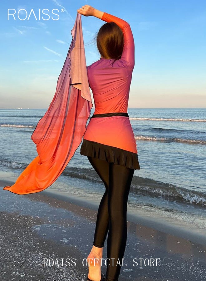 3 Piece Women Swimsuit Beach Sun Protection Clothing Conservative Style Long Sleeve Sun Protection Body Modification Printing Elements Gradient Color Various Matching Methods